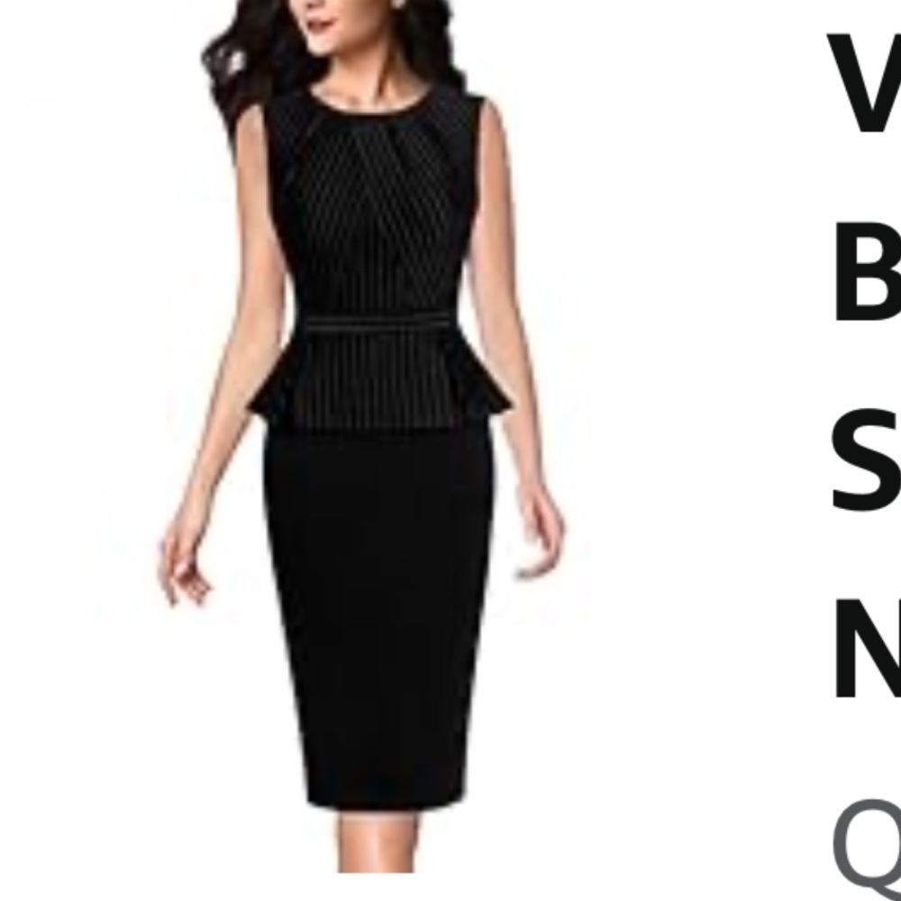 Women’s black and white size large pinstripe pleated crew neck peplum dress